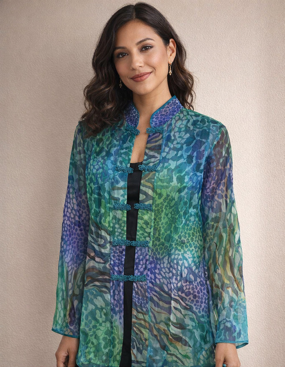 ATOC Silk Sheer Artsy Mandarin Collar Jacket Top M Frog Closures Colorful Aqua